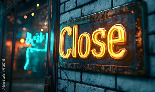 A vibrant neon sign reading 'Close' illuminates a brick wall, creating a cozy atmosphere in an evening setting.