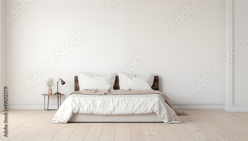 Minimalist Bedroom Interior Design with White Bed and Wooden Floor