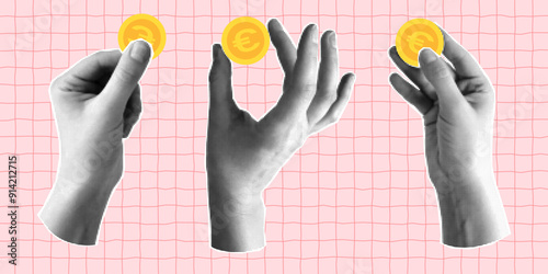 Set of halftone collage with hands holding euro coin. Banner with concept of payment and financial planning, saving. Cut out element on a pink checkered background.