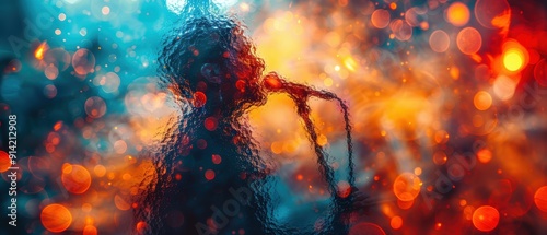 Abstract blurred image of a musician, playing instrument, concert stage, energetic.