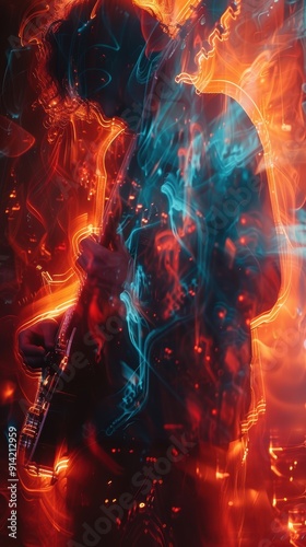 Abstract blurred image of a musician, playing instrument, concert stage, energetic.