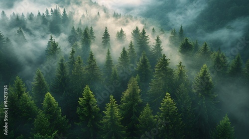 Dense evergreen trees rise above a layer of fog, illuminated by the soft light of dawn in a tranquil and remote forest