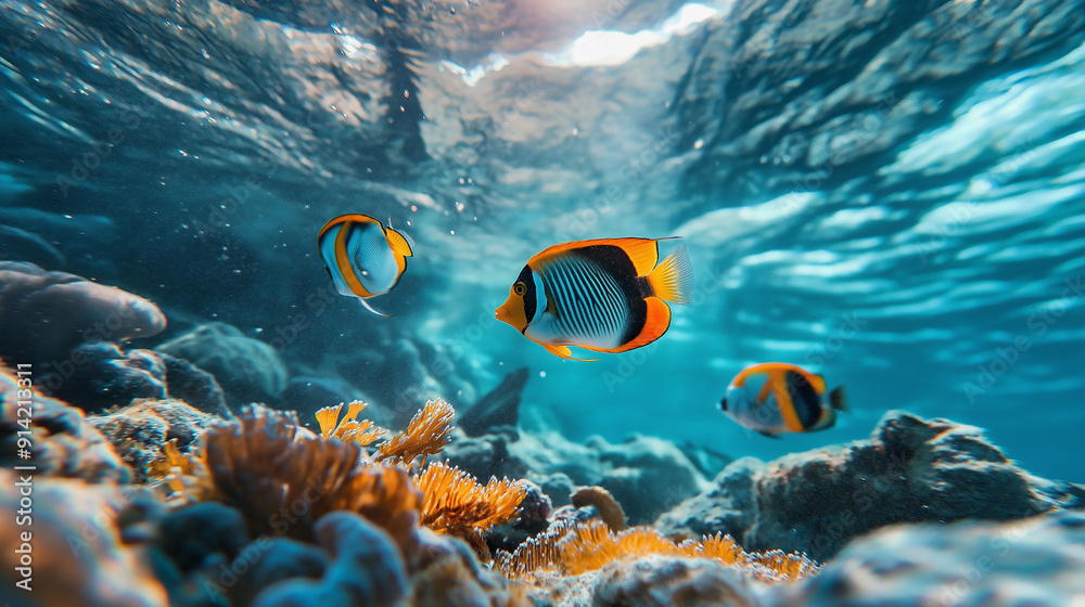 Fototapeta premium Colorful fish swimming among coral reefs in clear ocean water