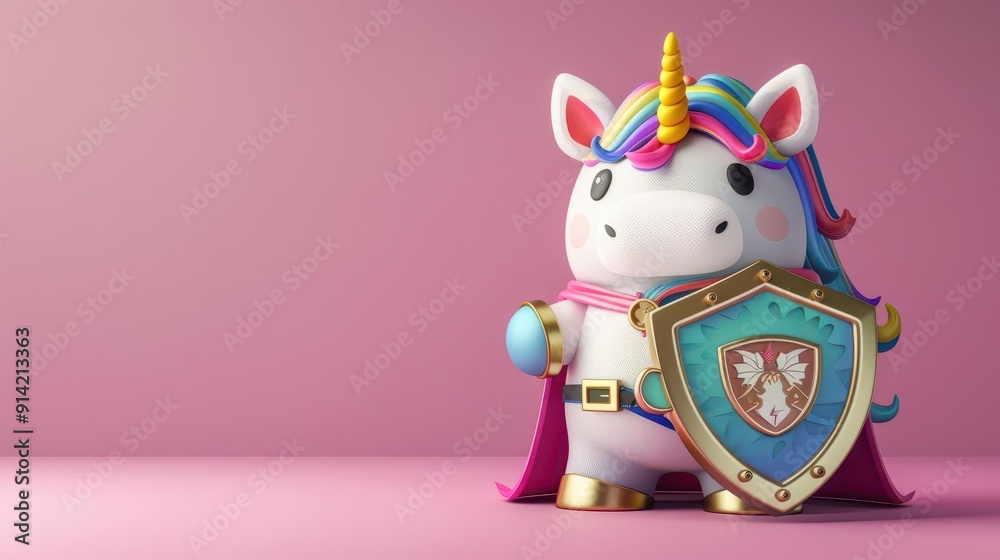 Fototapeta premium A 3D, cute, colorful unicorn dressed as a superhero with a shield and emblem