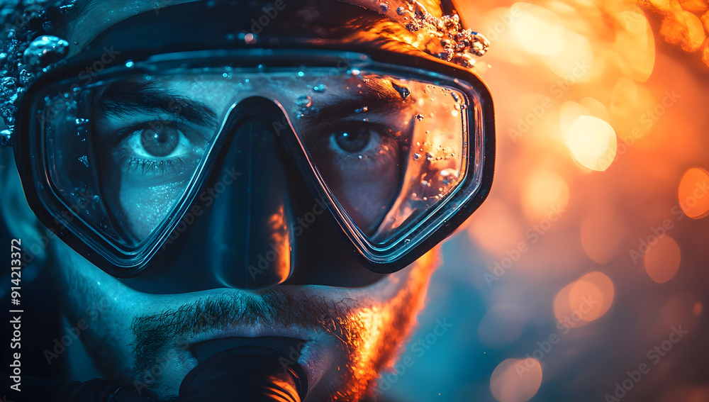Close-up of a diver in a mask exploring underwater with vibrant colors and dramatic lighting, showcasing adventure and curiosity. Close-up of a diver in a mask exploring underwater with vibrant colors and dramatic lighting, showcasing adventure and curiosity.