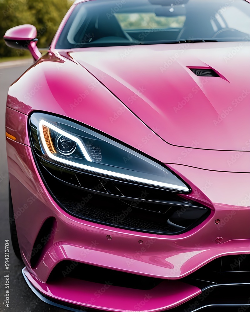 Close-up of the front of a pink sports car with its headlights on. Close-up of the front of a pink sports car with its headlights on.