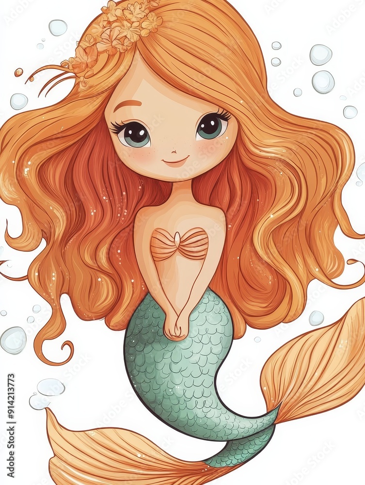 Cute Mermaid with Long Wavy Red Hair Cute Mermaid with Long Wavy Red Hair
