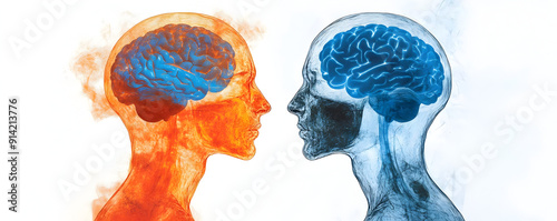 Conceptual illustration of two human heads with contrasting colors, symbolizing the duality of thoughts and emotions.