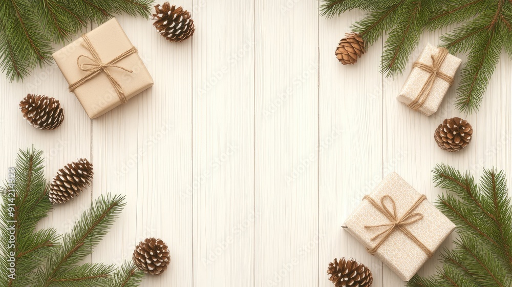 Gifts wrapped in neutral colors are surrounded by pine branches and cones, creating a festive winter arrangement on a light wooden background Gifts wrapped in neutral colors are surrounded by pine branches and cones, creating a festive winter arrangement on a light wooden background