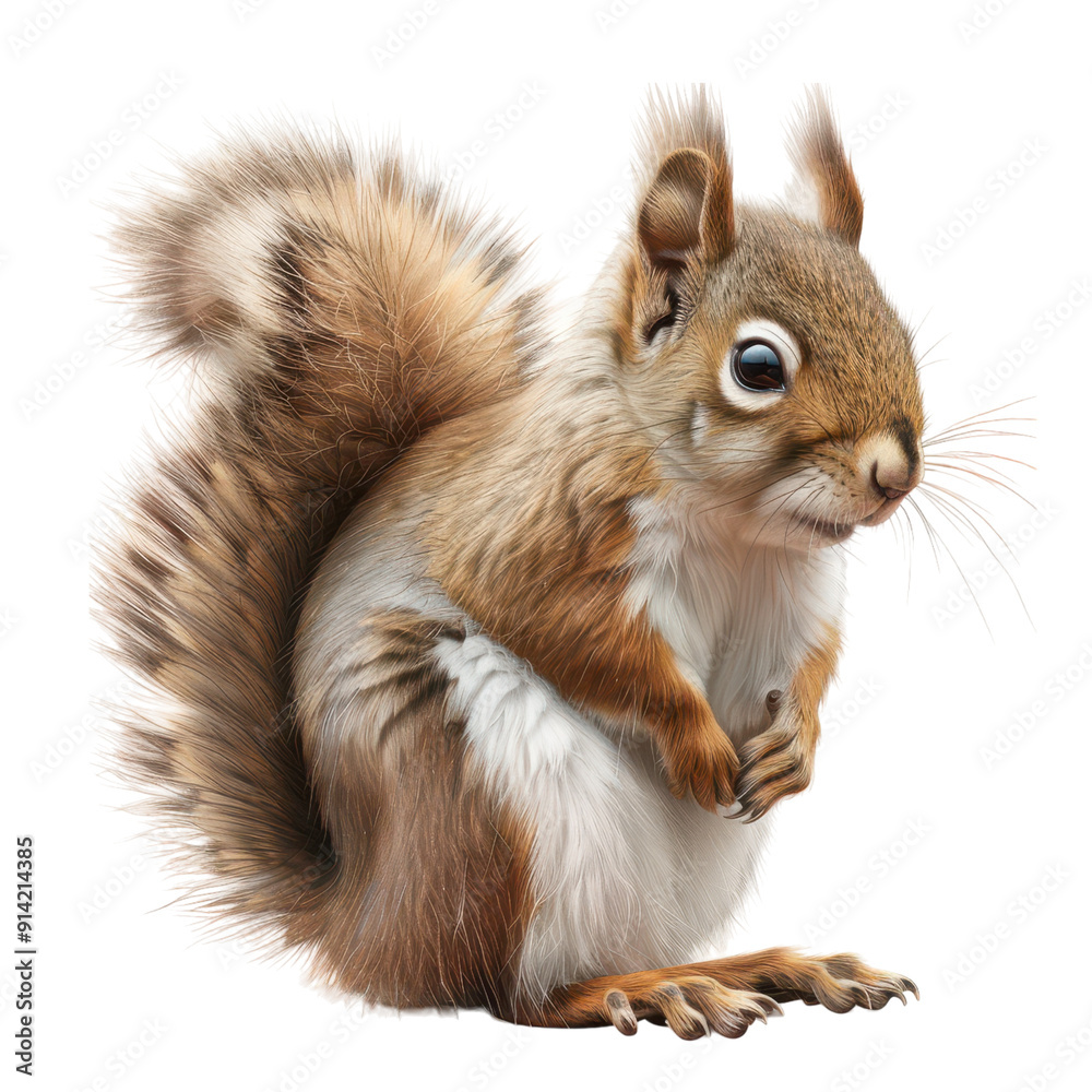 Obraz premium A detailed illustration of a cute squirrel, showcasing its fluffy tail and curious expression in a natural setting. PNG transparent background.