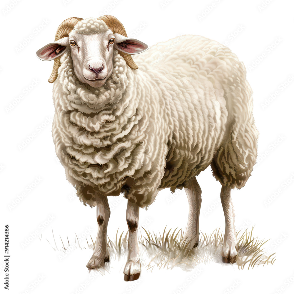 Fototapeta premium A detailed illustration of a fluffy white sheep standing on grass, showcasing its unique features and texture. PNG transparent background.