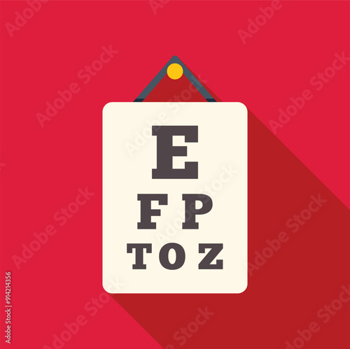 Eye chart is hanging on a red wall, featuring the letters e, f, p, t, o, and z, commonly used for assessing visual acuity