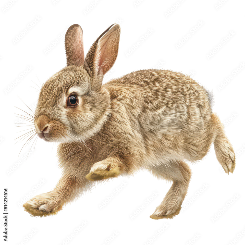 Fototapeta premium A detailed illustration of a lively rabbit in motion, showcasing its fluffy fur and energetic pose against a transparent background. PNG transparent background.