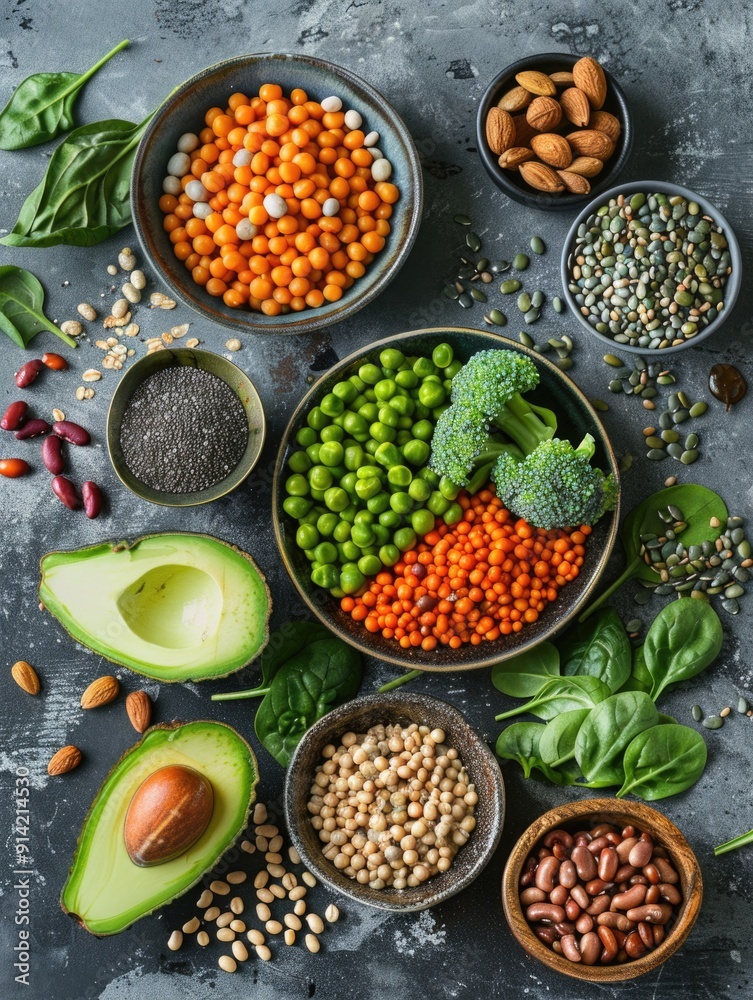 Variety of fresh, healthy foods in bowls. Includes grains, nuts, fruits and vegetables. Variety of fresh, healthy foods in bowls. Includes grains, nuts, fruits and vegetables.