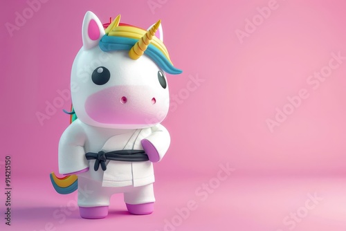 A 3D, cute, colorful unicorn in a ninja outfit, stealthy and adorable