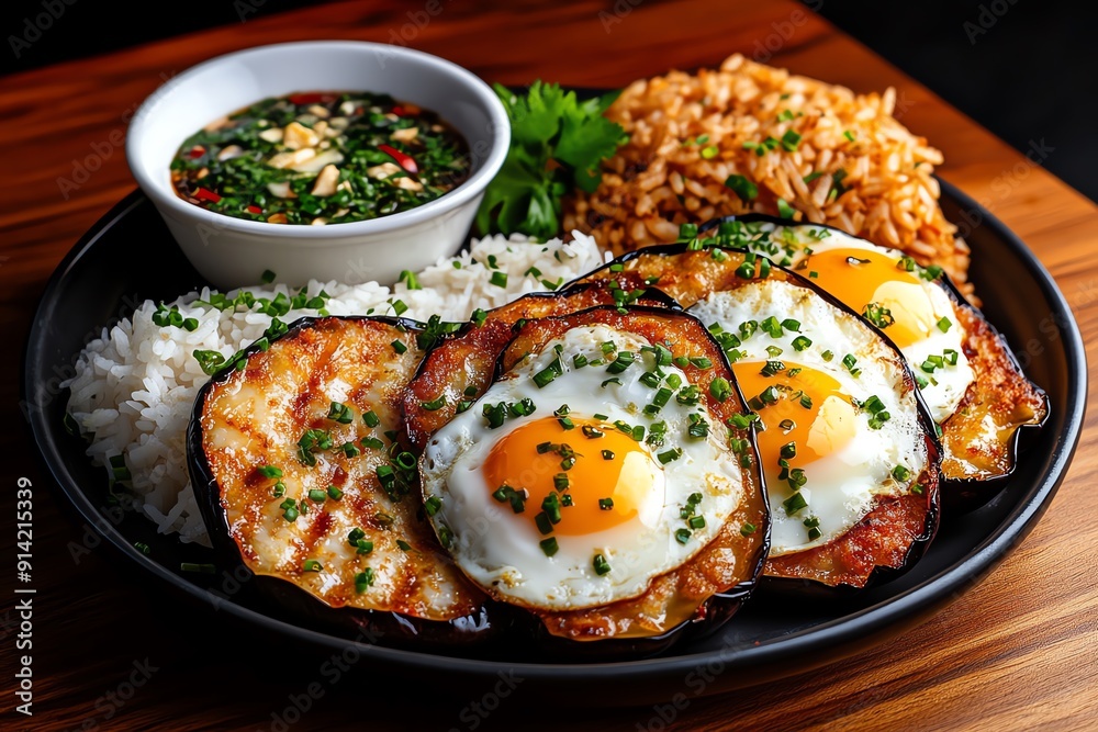 A delicious Filipino tortang talong, featuring eggplant dipped in beaten eggs and fried, served with a side of garlic rice and a dipping sauce A delicious Filipino tortang talong, featuring eggplant dipped in beaten eggs and fried, served with a side of garlic rice and a dipping sauce