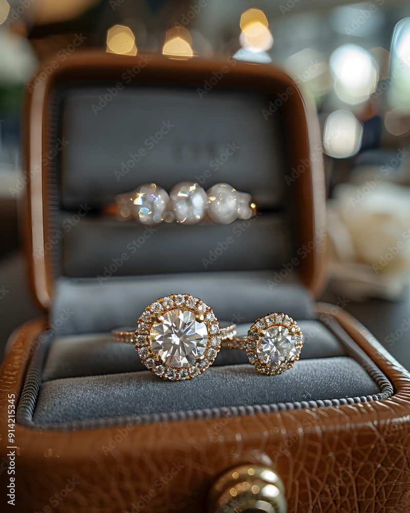 Gold and silver diamond ring and earrings in luxury jewelry box. Gold and silver diamond ring and earrings in luxury jewelry box.