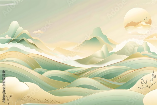 Asian style painting of mountains and a sun with clouds in the background. The painting has a serene and peaceful mood