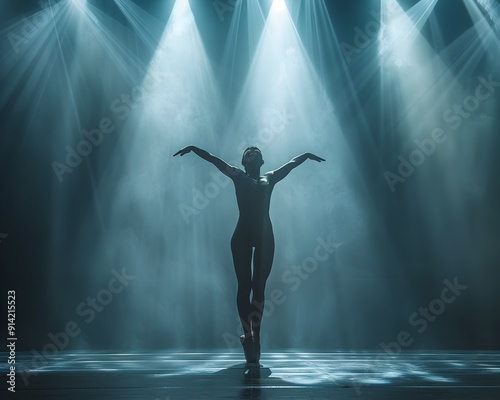 Graceful Silhouette of a Slender Dancer Performing on Stage Under Dramatic Lighting