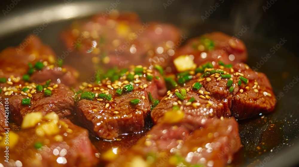Tender beef steaks coated in a spicy marinade sizzle in a hot skillet, infused with garlic and herbs. Tender beef steaks coated in a spicy marinade sizzle in a hot skillet, infused with garlic and herbs.