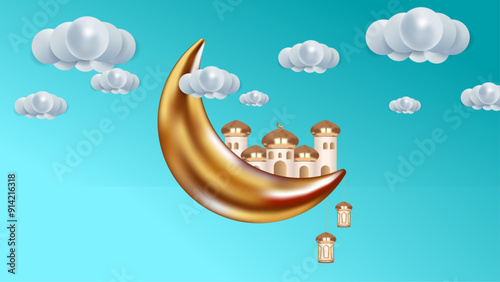 Golden crescent moon cradles a magical castle, surrounded by soft clouds, evoking a whimsical dreamlike atmosphere