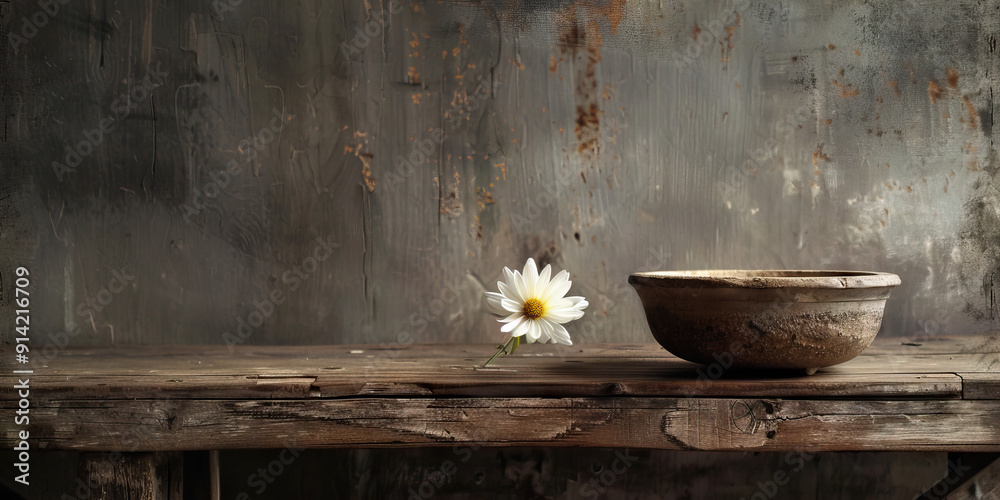 A rustic wooden table, adorned with handmade pottery and a single chrysanthemum. A rustic wooden table, adorned with handmade pottery and a single chrysanthemum.