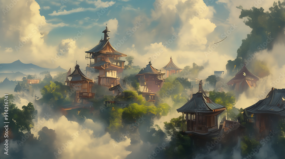 Idyllic Mountain Village in Misty Sunrise Idyllic Mountain Village in Misty Sunrise