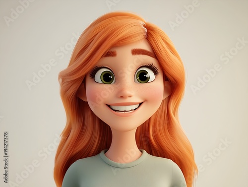 Cute cartoon girl with red hair, green eyes and big smile.