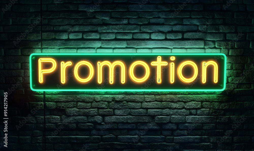 Obraz premium Illuminated promotion sign against a brick wall, showcasing bright neon colors, ideal for advertising and marketing themes.
