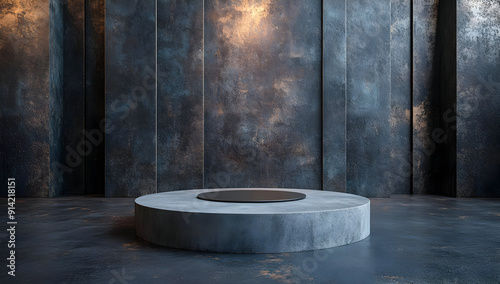 Modern industrial setting featuring a circular platform against a textured metallic wall.