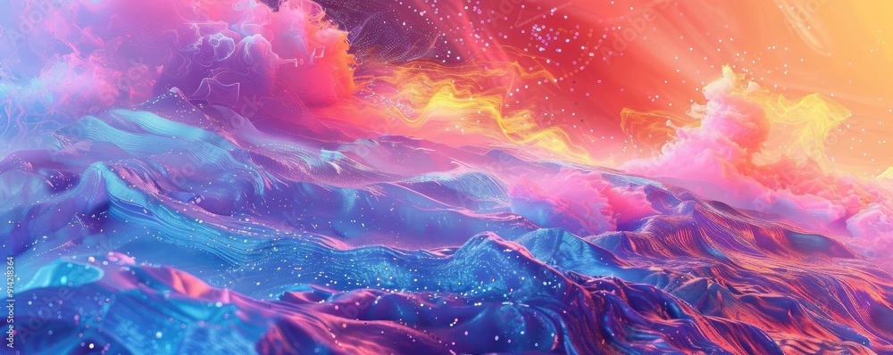 A vibrant, surreal ocean scene with colorful waves illuminated by a dazzling sunset, evoking a sense of wonder and tranquility. A vibrant, surreal ocean scene with colorful waves illuminated by a dazzling sunset, evoking a sense of wonder and tranquility.