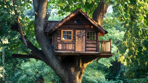 Rustic Wooden Treehouse Nestled in Branches. photo