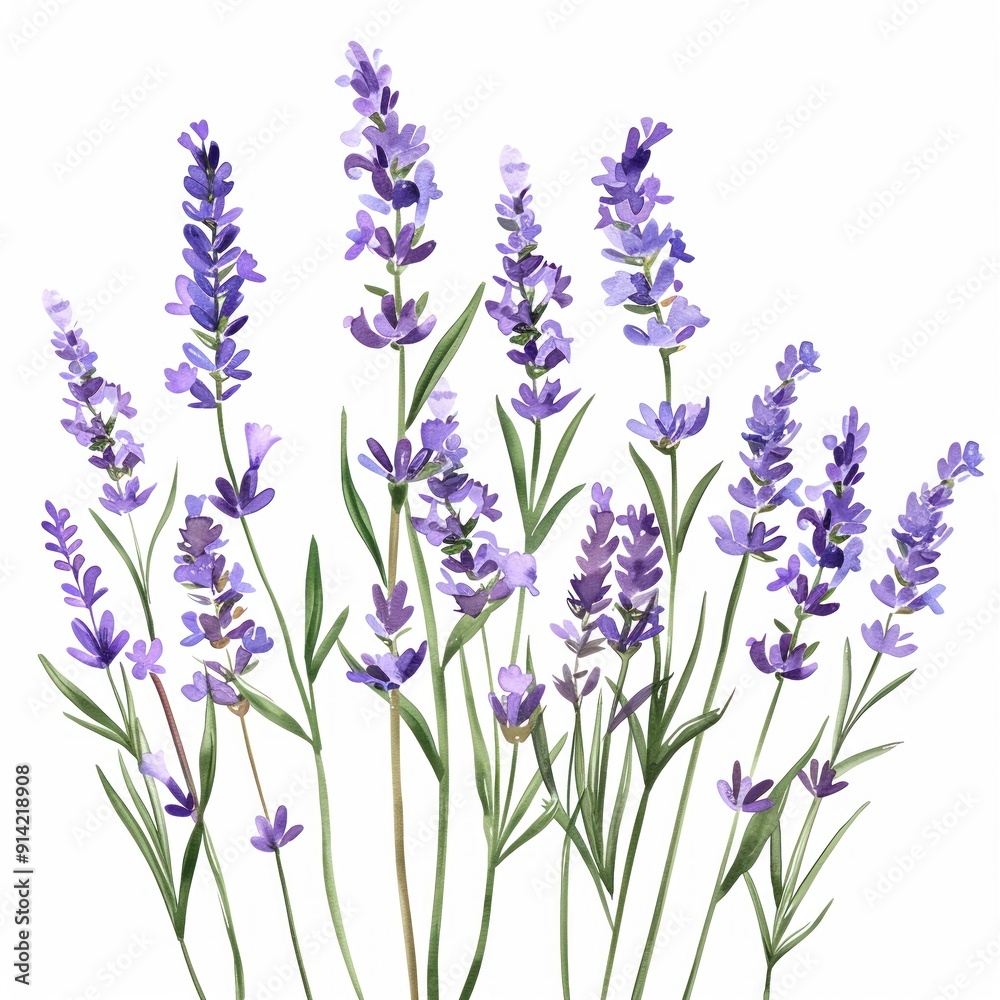 Naklejka premium Watercolor lavender clipart with delicate purple flowers and green stems.