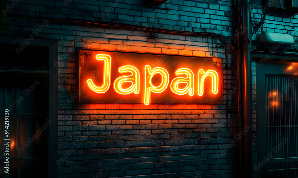 Vibrant neon sign illuminating a rustic brick wall, showcasing the word 'Japan' in an eye-catching design. Vibrant neon sign illuminating a rustic brick wall, showcasing the word 'Japan' in an eye-catching design.