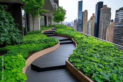 Beautiful rooftop garden with lush green plants and a wooden pathway overlooking the city skyline, perfect for relaxation and nature lovers.