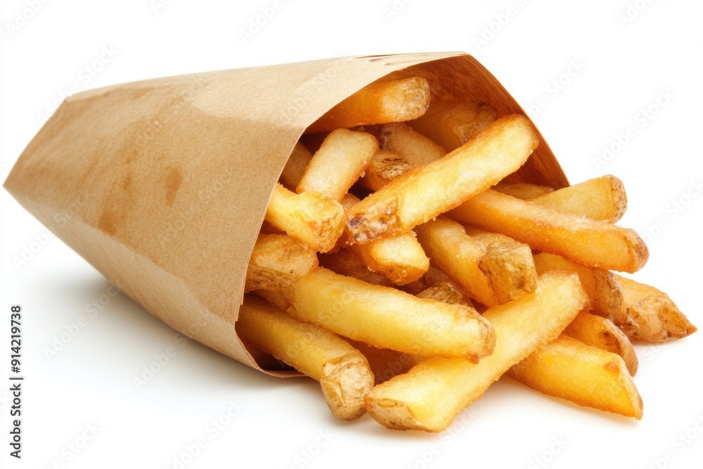 Golden crispy french fries in paper cone on white background Golden crispy french fries in paper cone on white background