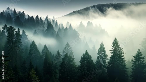 Misty pine forest in the mountains during sunrise, serene nature scene. Tranquil and scenic landscape concept