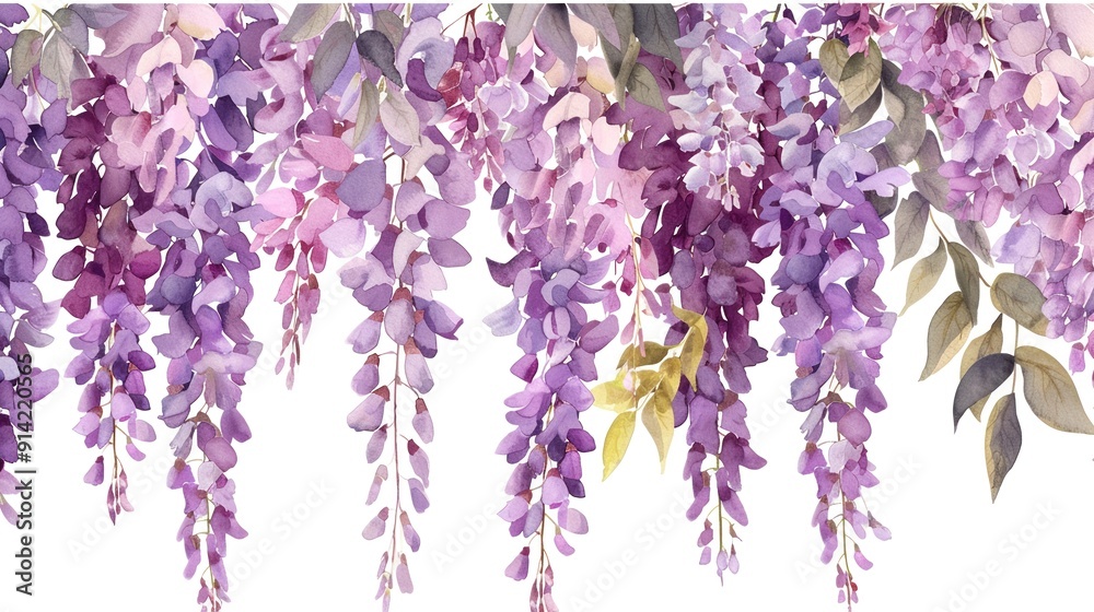 Naklejka premium Watercolor wisteria clipart with cascading purple blooms.