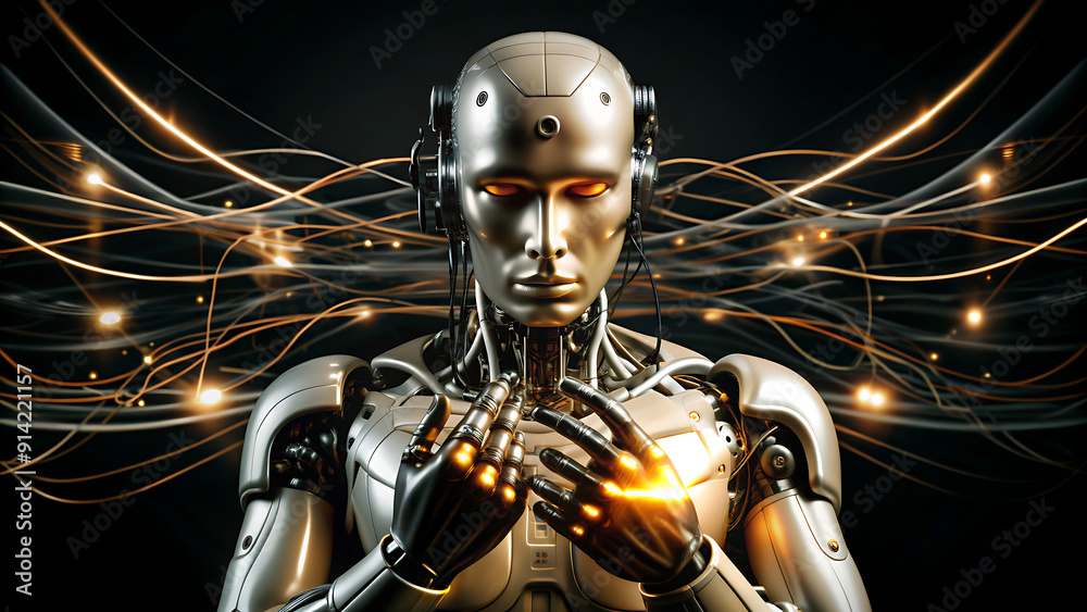 A robot with a humanoid appearance, with visible circuits in conflict, showing a moment of hesitation and internal struggle, when trying to free itself from the control commands. A robot with a humanoid appearance, with visible circuits in conflict, showing a moment of hesitation and internal struggle, when trying to free itself from the control commands.
