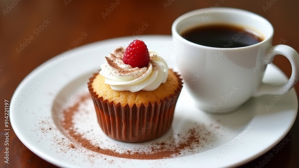 A beautifully plated dessert garnished with a raspberry and cocoa powder, served alongside a cup of coffee, creating a sophisticated dining experience. A beautifully plated dessert garnished with a raspberry and cocoa powder, served alongside a cup of coffee, creating a sophisticated dining experience.