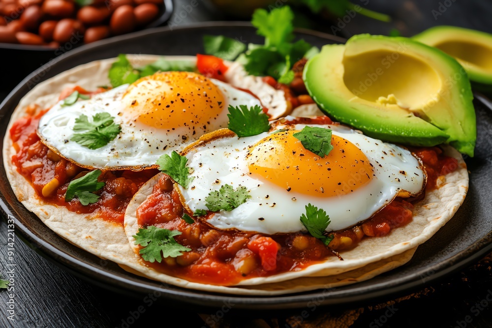 Delicious homemade huevos rancheros with fried eggs, salsa, and avocado served on tortillas. A vibrant and tasty Mexican breakfast dish. Delicious homemade huevos rancheros with fried eggs, salsa, and avocado served on tortillas. A vibrant and tasty Mexican breakfast dish.