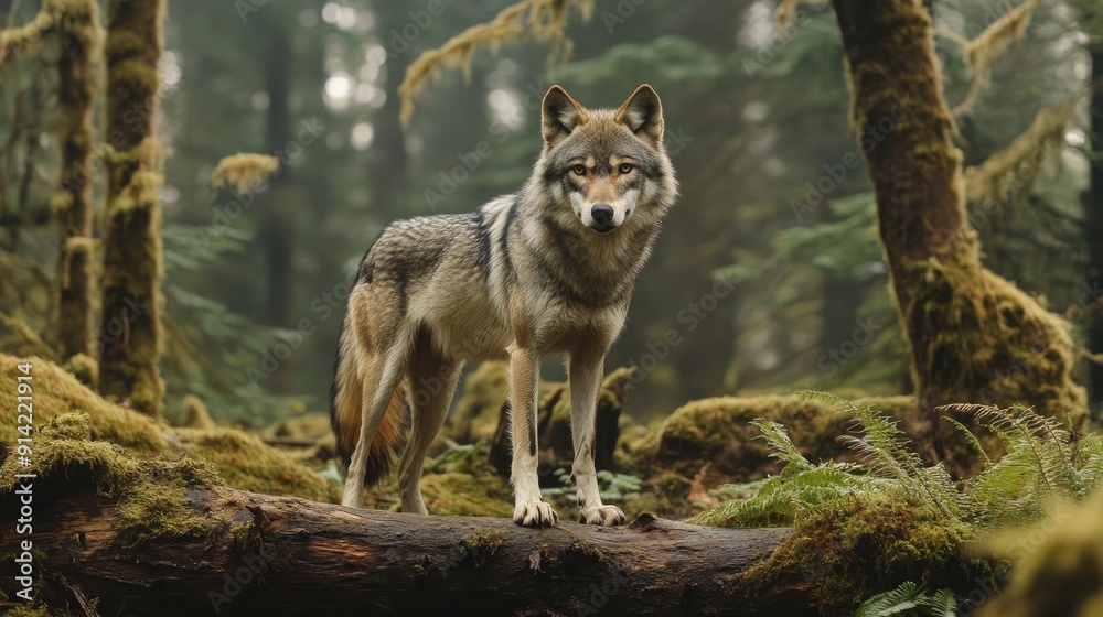 A solitary wolf standing on a fallen log in the forest, with moss and ferns around. A solitary wolf standing on a fallen log in the forest, with moss and ferns around.