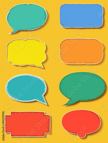 A set of bright and playful speech bubbles on a sunny yellow background