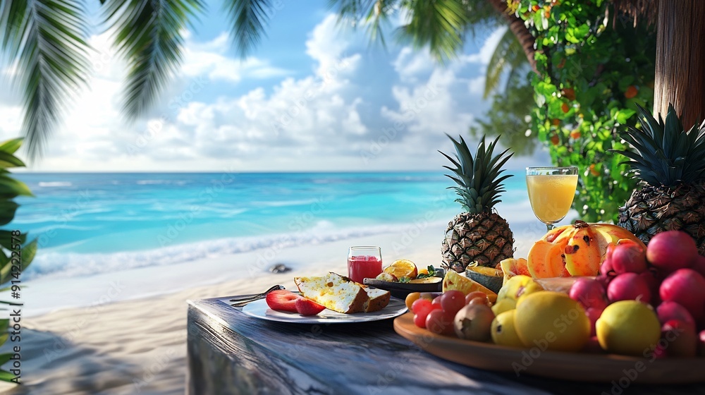 Tropical Beach Picnic with Fresh Fruit and Drinks Tropical Beach Picnic with Fresh Fruit and Drinks