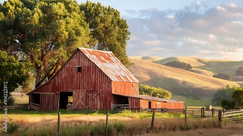 Red Barn in a Rural Setting with Rolling Hills