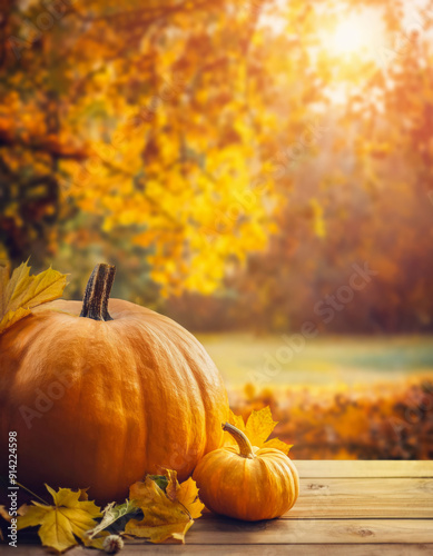 Old wooden table with colorful maple leaves and big pumpkins over blurry garden background with copy space. Late fall seasonal view