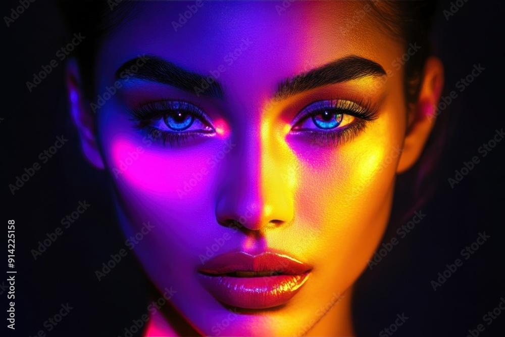 Vibrant neon light portrait of beautiful woman with striking features Vibrant neon light portrait of beautiful woman with striking features