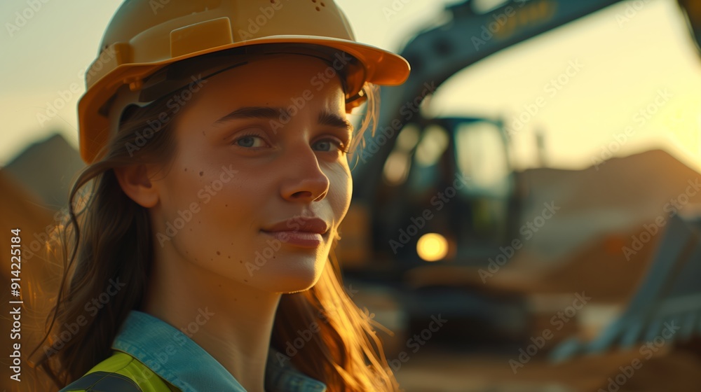 Portrait of a beautiful woman with a helmet on a construction site, with a backhoe in the background.