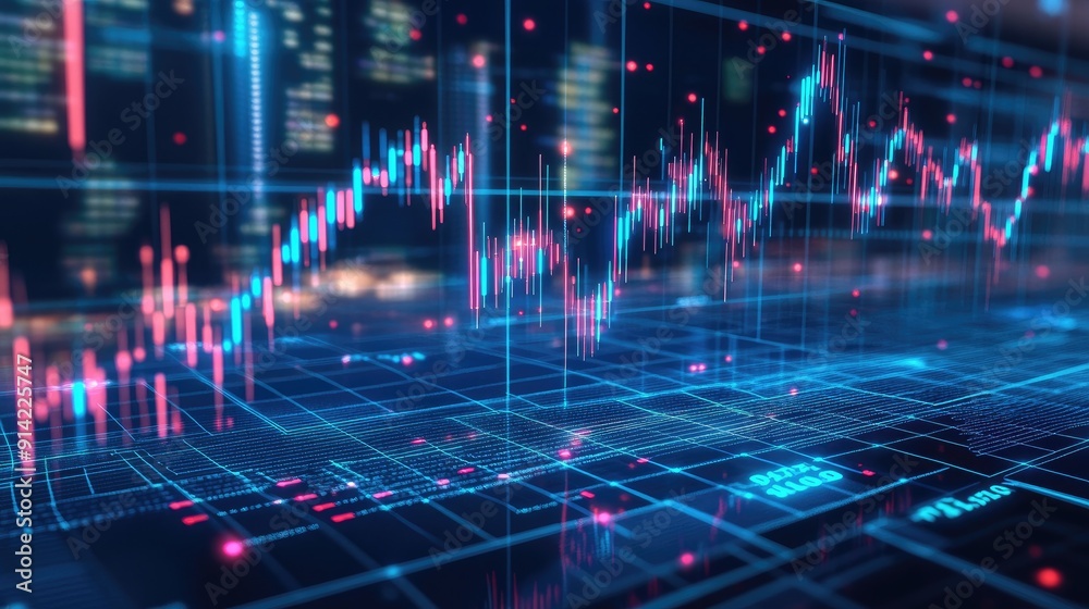 Creative forex chart with candlesticks on a blue grid wallpaper, representing stock market growth and trading concepts. 3D rendering. Creative forex chart with candlesticks on a blue grid wallpaper, representing stock market growth and trading concepts. 3D rendering.