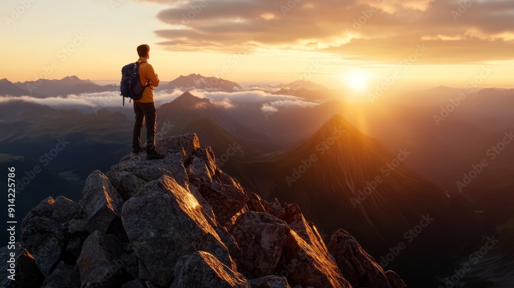 From the top of a steep mountain, a hiker see a huge, hazy mountain range. From the top of a steep mountain, a hiker see a huge, hazy mountain range.